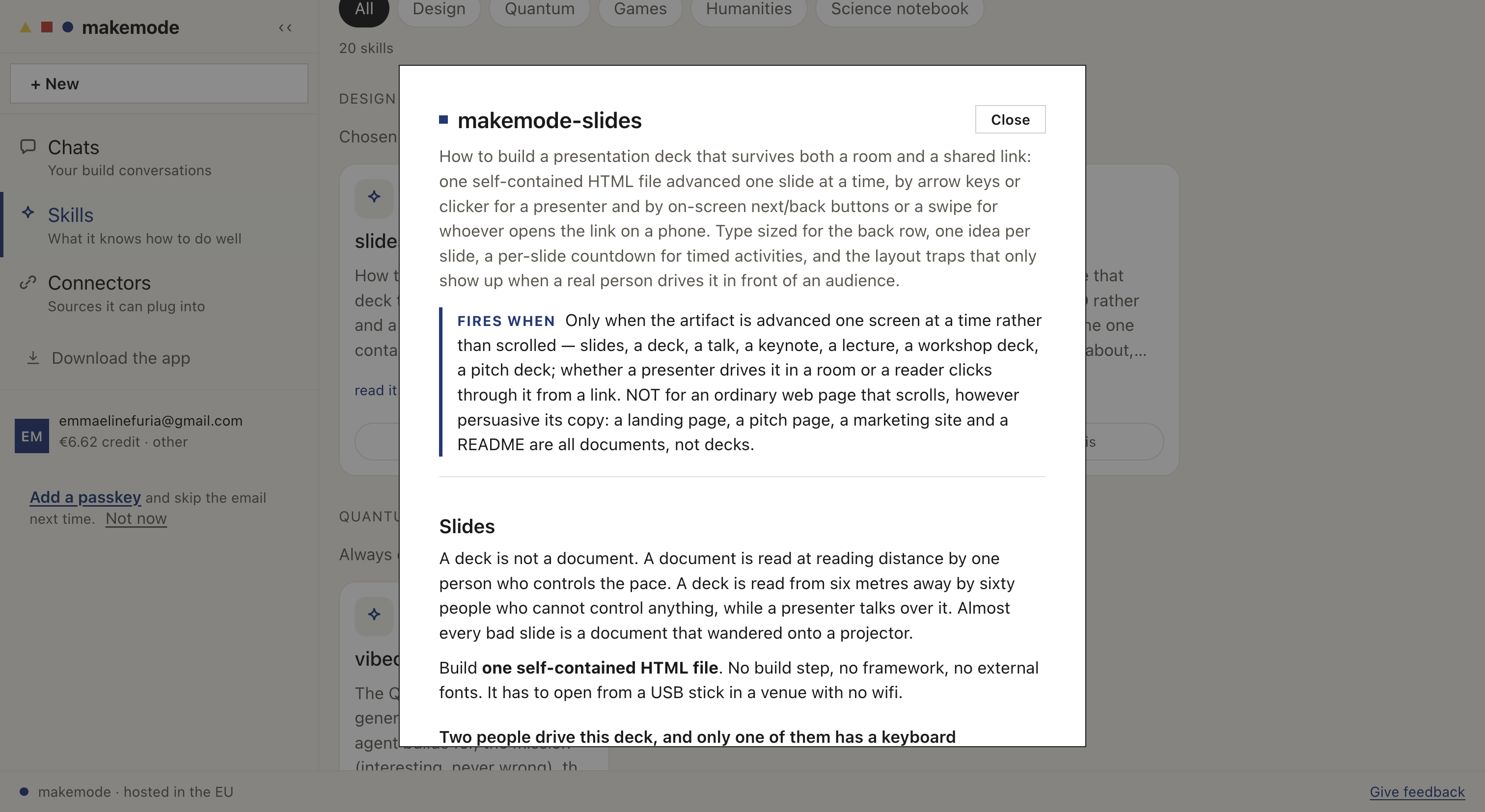 A skill opened, showing its readable instructions