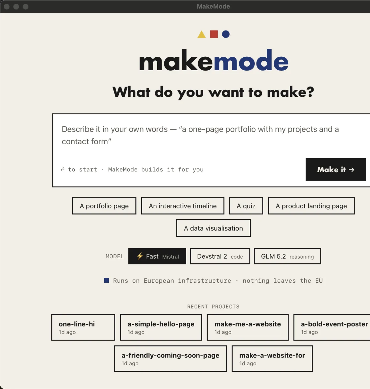 The MakeMode desktop app window on macOS, showing the start screen.