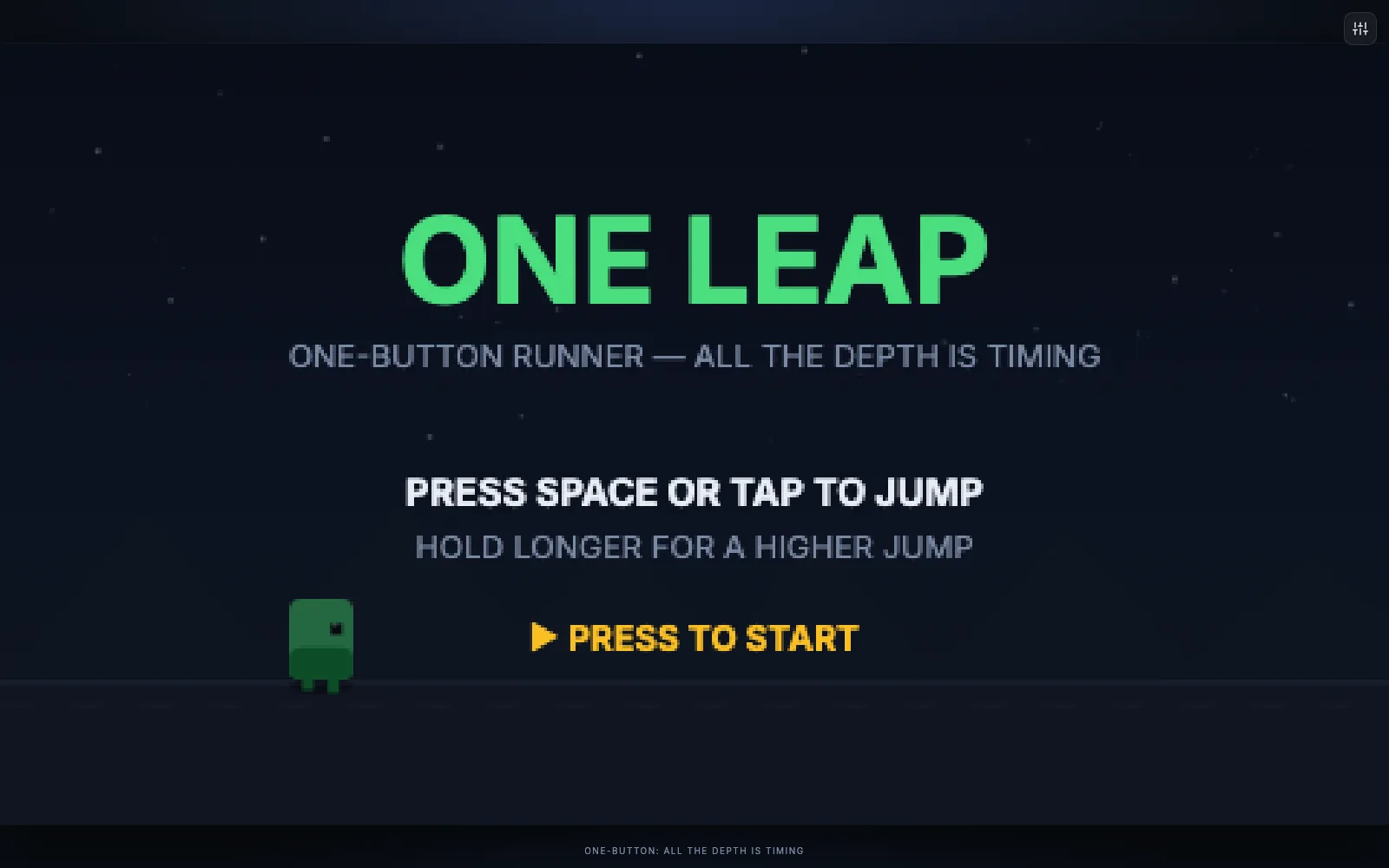 ONE LEAP — a one-button runner built by MakeMode Games: title screen with the controls in one line and the design intent stated at the bottom.