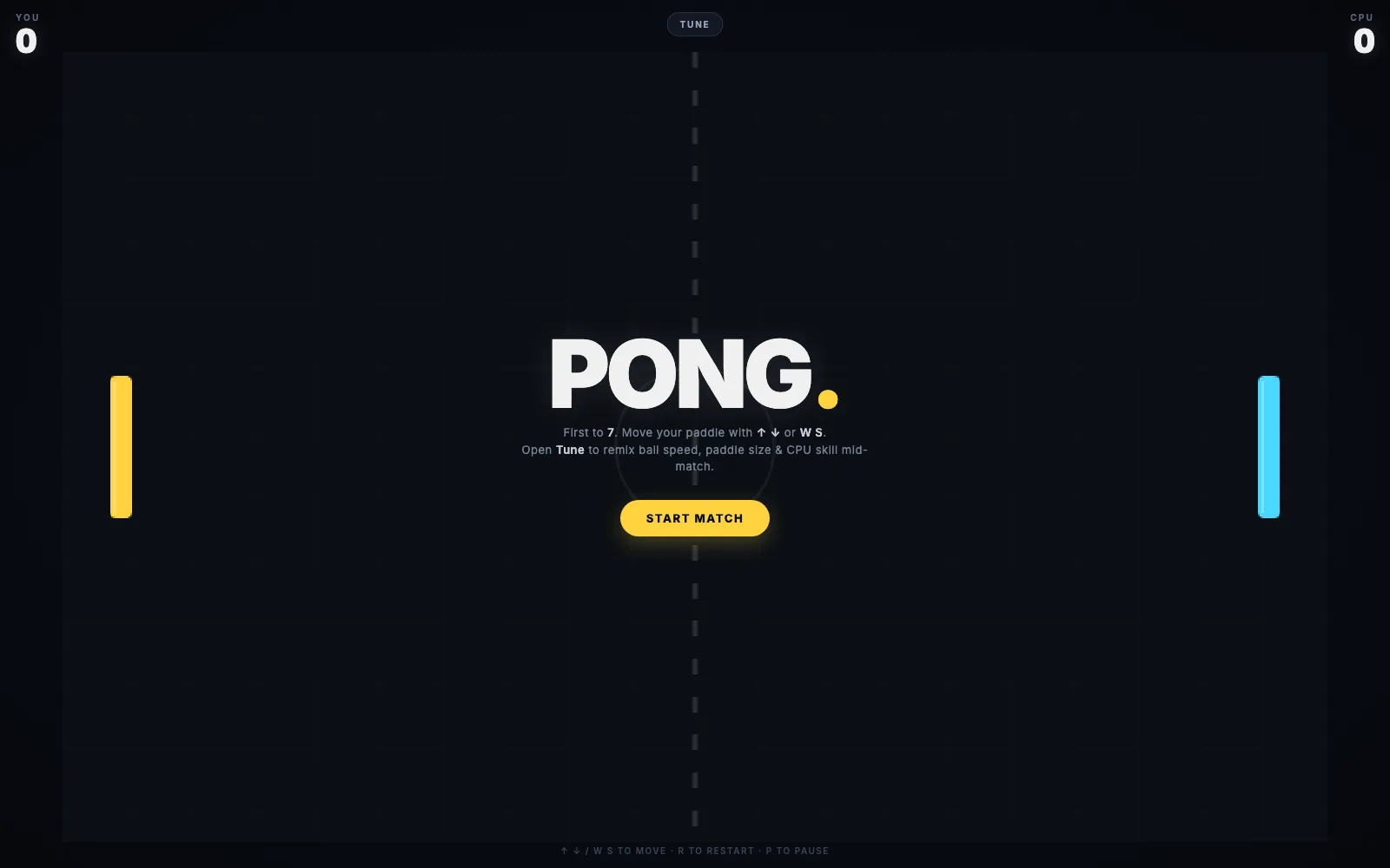 A Pong remix built by MakeMode Games: classic court with a Tune panel for ball speed, paddle size and CPU skill.