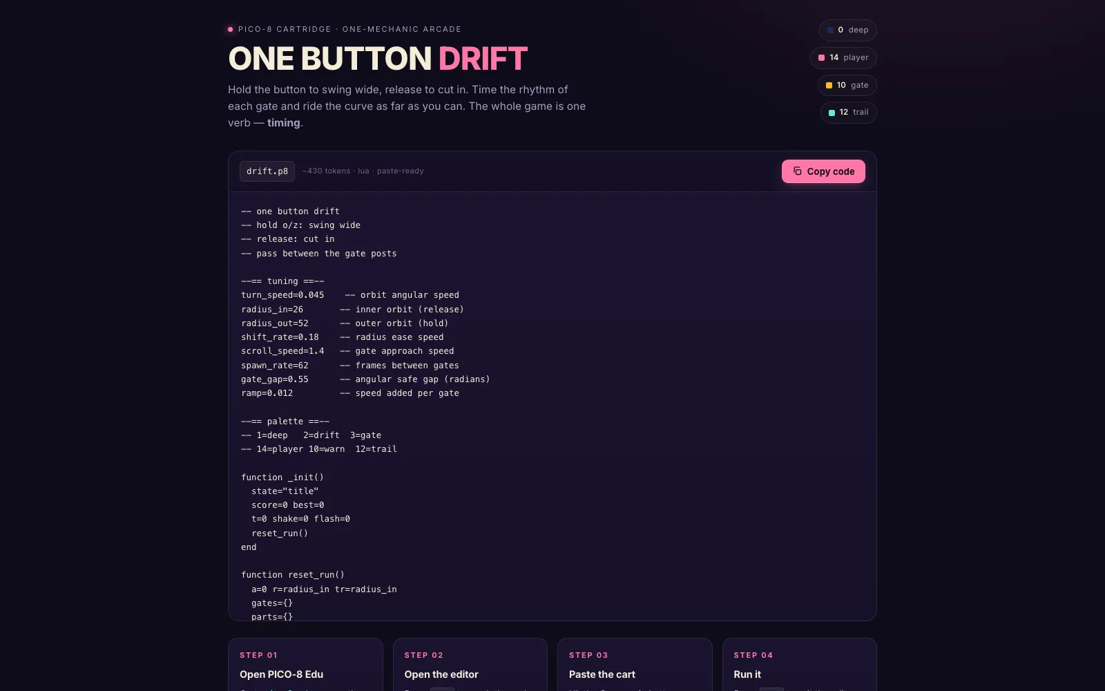 A complete PICO-8 cartridge authored by MakeMode Games, with the Lua source, a copy button, and paste-and-run steps for the free browser education edition.