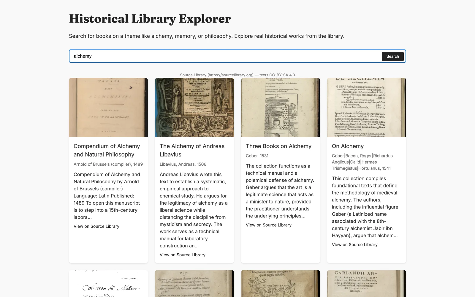 A Historical Library Explorer built by MakeMode Humanities — a search for 'alchemy' returning real works from Source Library as cards with cover scans, authors, dates and summaries: the Compendium of Alchemy (1489), Andreas Libavius, Geber's On Alchemy (1541).