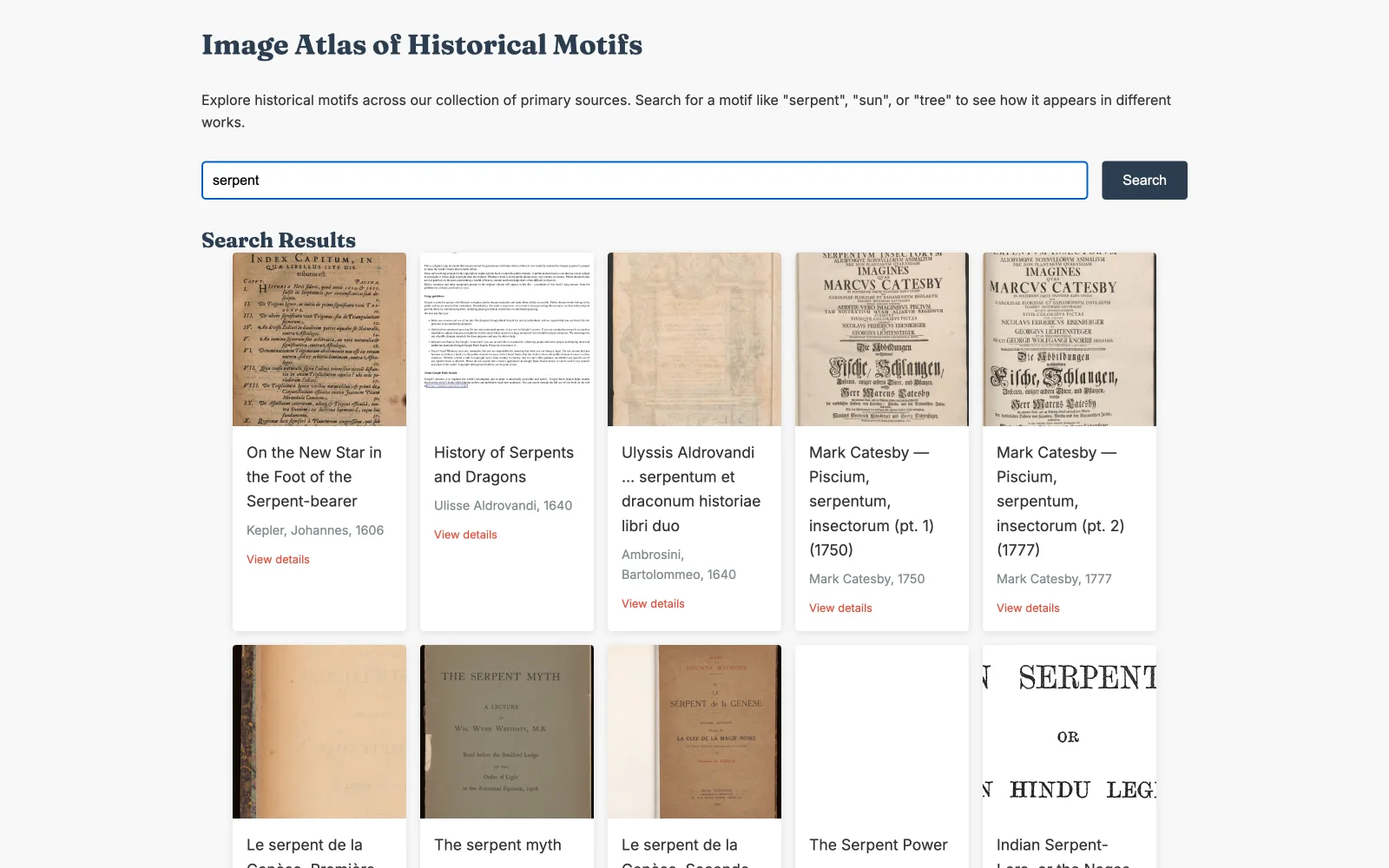 An Image Atlas of Historical Motifs built by MakeMode Humanities — the motif 'serpent' pulling real title-page scans into a grid: Kepler on the new star in the Serpent-bearer (1606), Aldrovandi's History of Serpents and Dragons (1640), Mark Catesby, The Serpent Myth.
