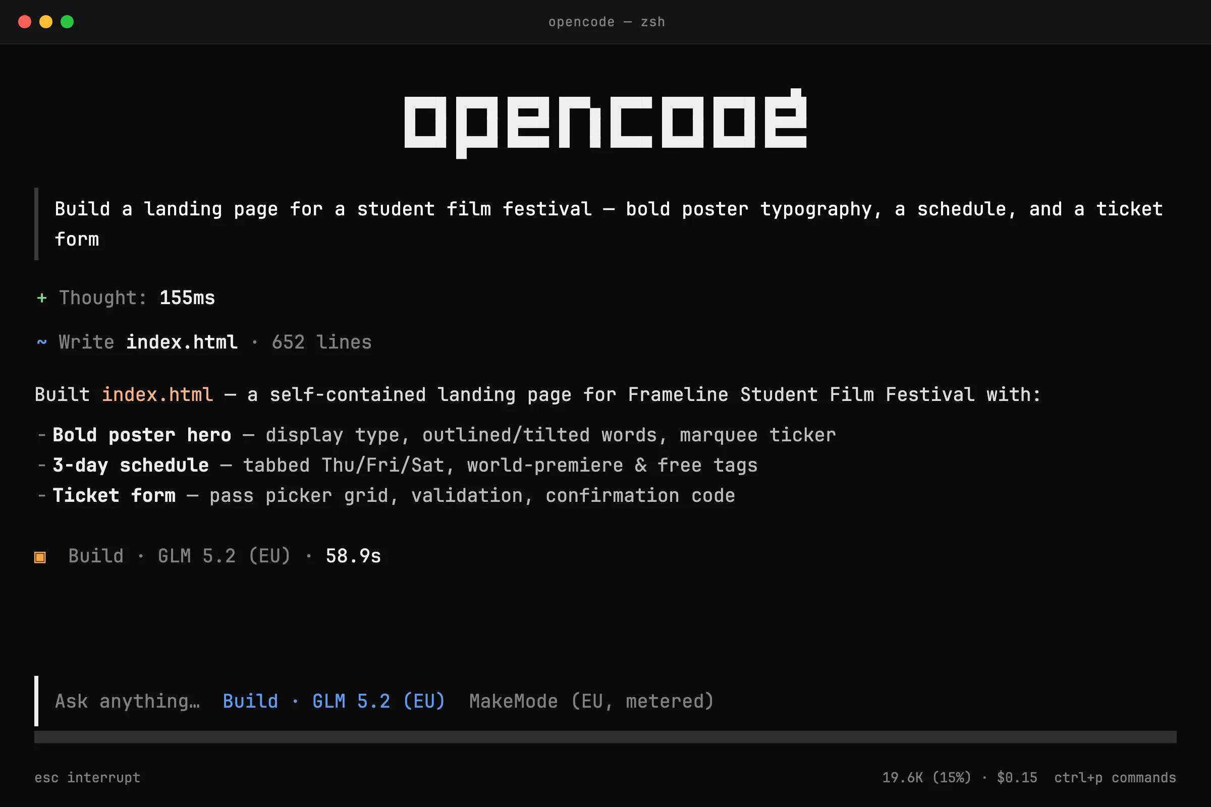 opencode running in a terminal on the MakeMode EU gateway — a real build finishing in under a minute, metered in euros.