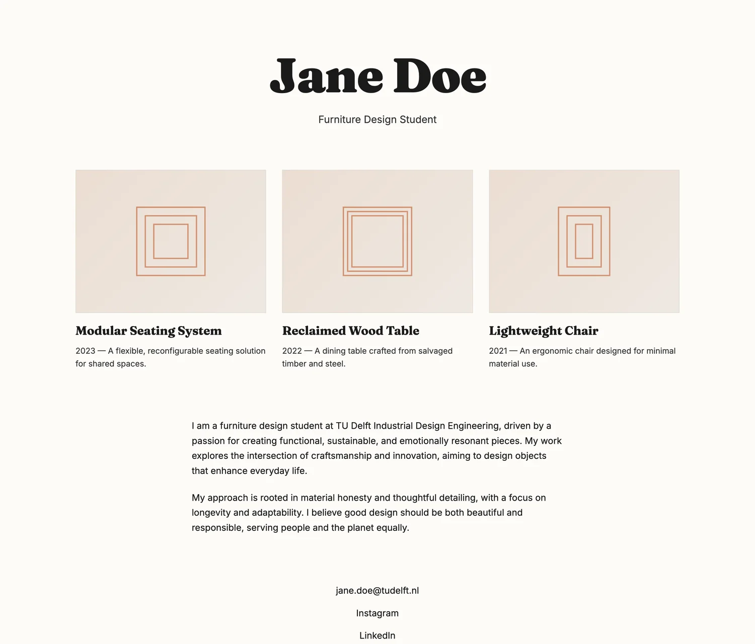 The published portfolio page for 'Jane Doe, Furniture Design Student', live on EU object storage.