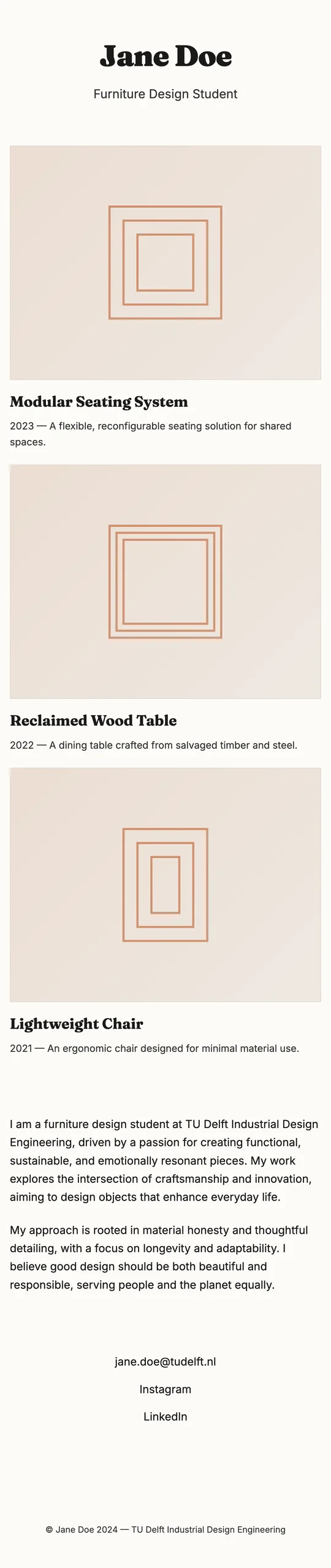 The published portfolio page viewed on a phone, fully responsive.