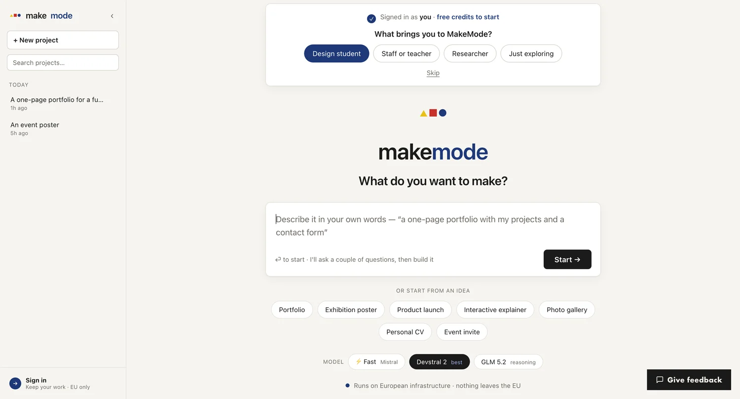 The MakeMode start screen: 'what do you want to make?' with a text box and a row of idea prompts.