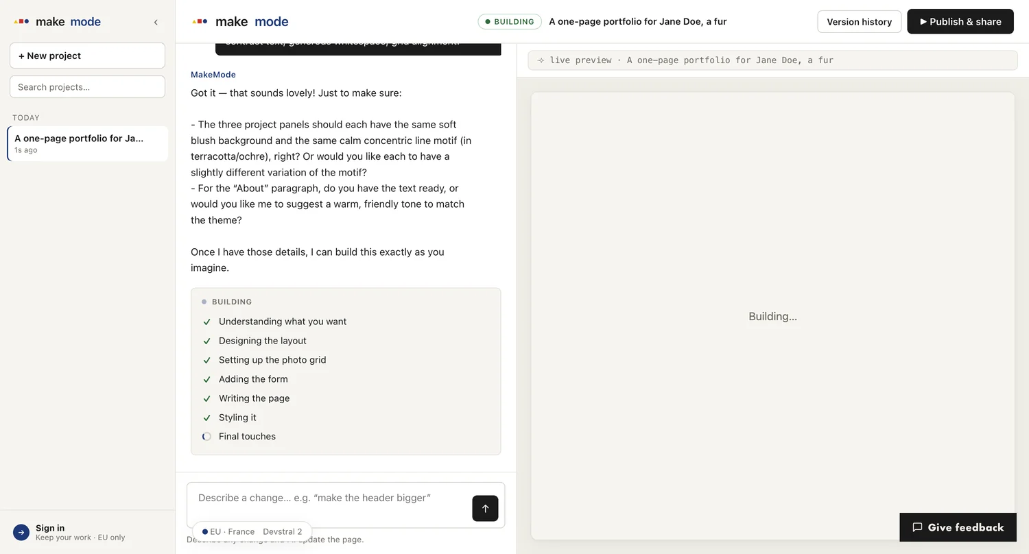 MakeMode building the page, with the live preview spinning up on the right.