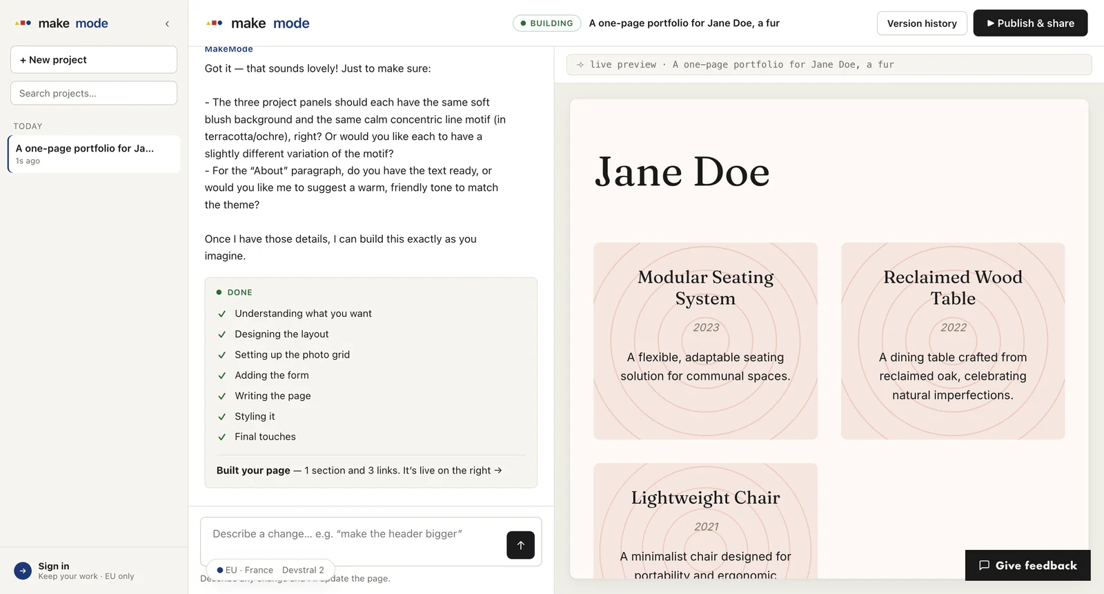The finished portfolio rendering in the live preview — a warm, editorial page built from a plain-language brief.