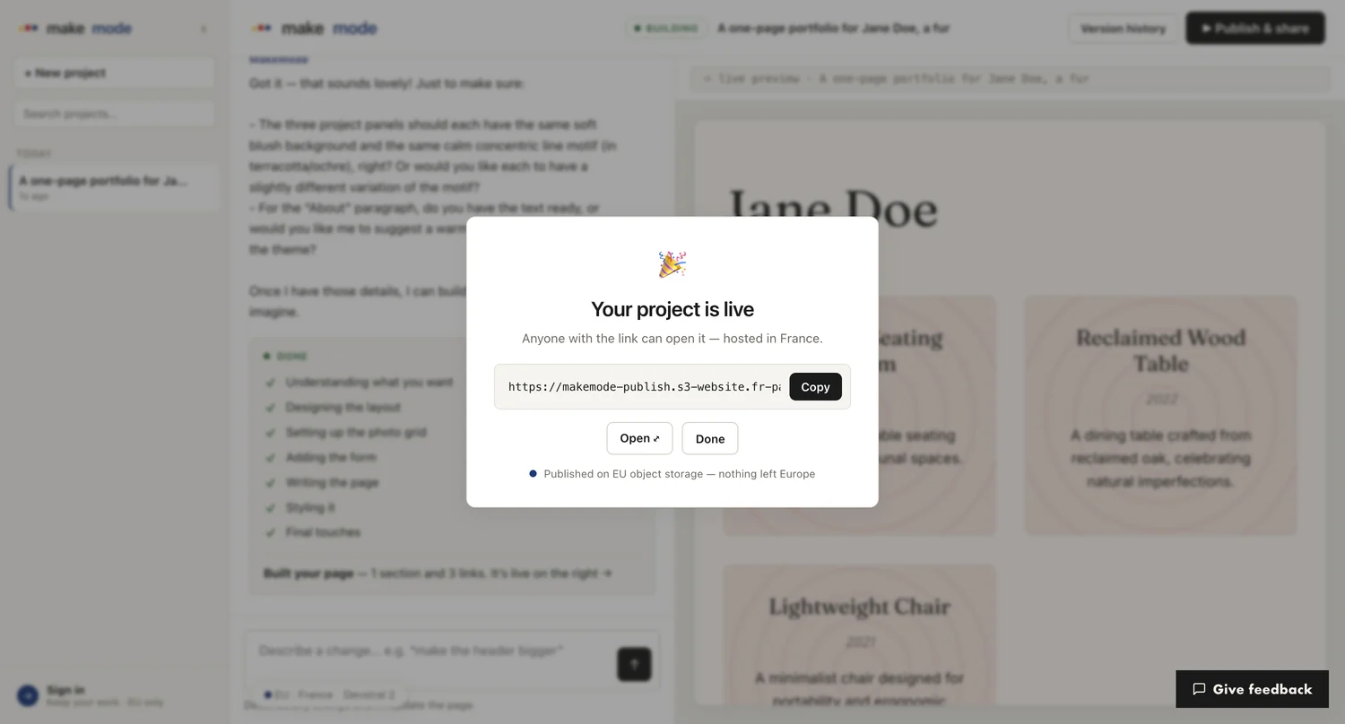 The publish dialog: 'Your project is live — anyone with the link can open it, hosted in France', with a shareable EU link.