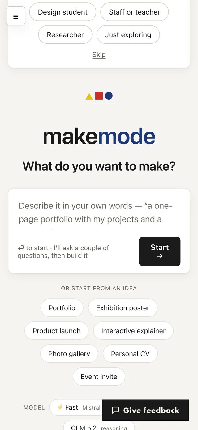 The MakeMode web app on a phone, showing the start screen and idea prompts.